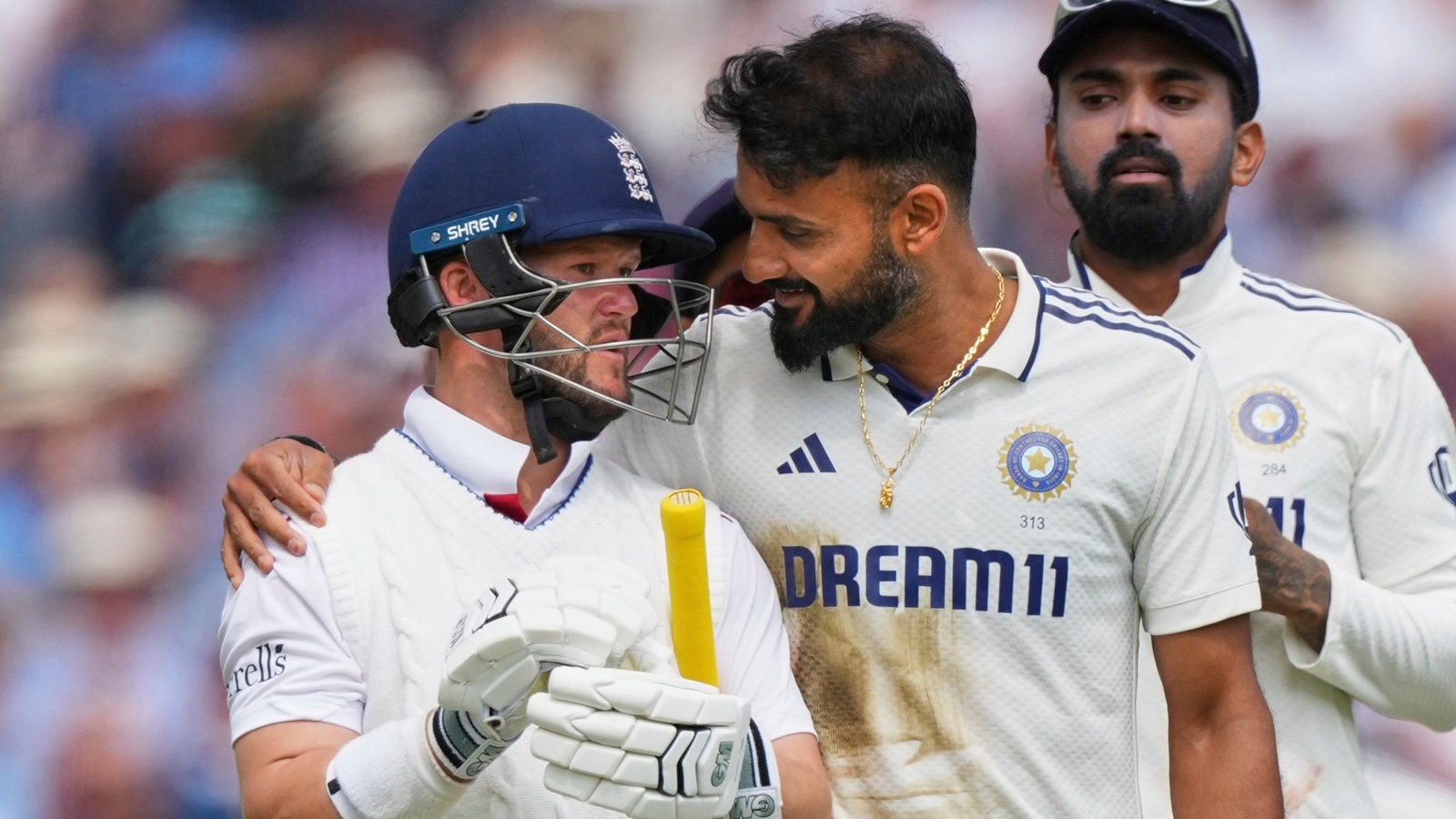 Akash Deep was given a stern talking-to by the umpire after the send off. (AP Photo)