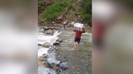 A worker carries an apple carton on his shoulder while crossing Gai Khad near Theog in Shimla.