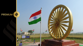 A 30-foot Ashoka Chakra replica installed at the Ashoka Edicts Park in Topra Kalan village. Sidhartha Gauri