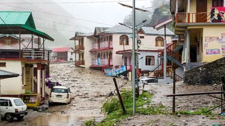 Houses partially submerged due to a flash flood triggered by a cloudburst at Dharali, in Uttarkashi district, Uttarakhand, Tuesday, Aug. 5, 2025. (PTI Photo)