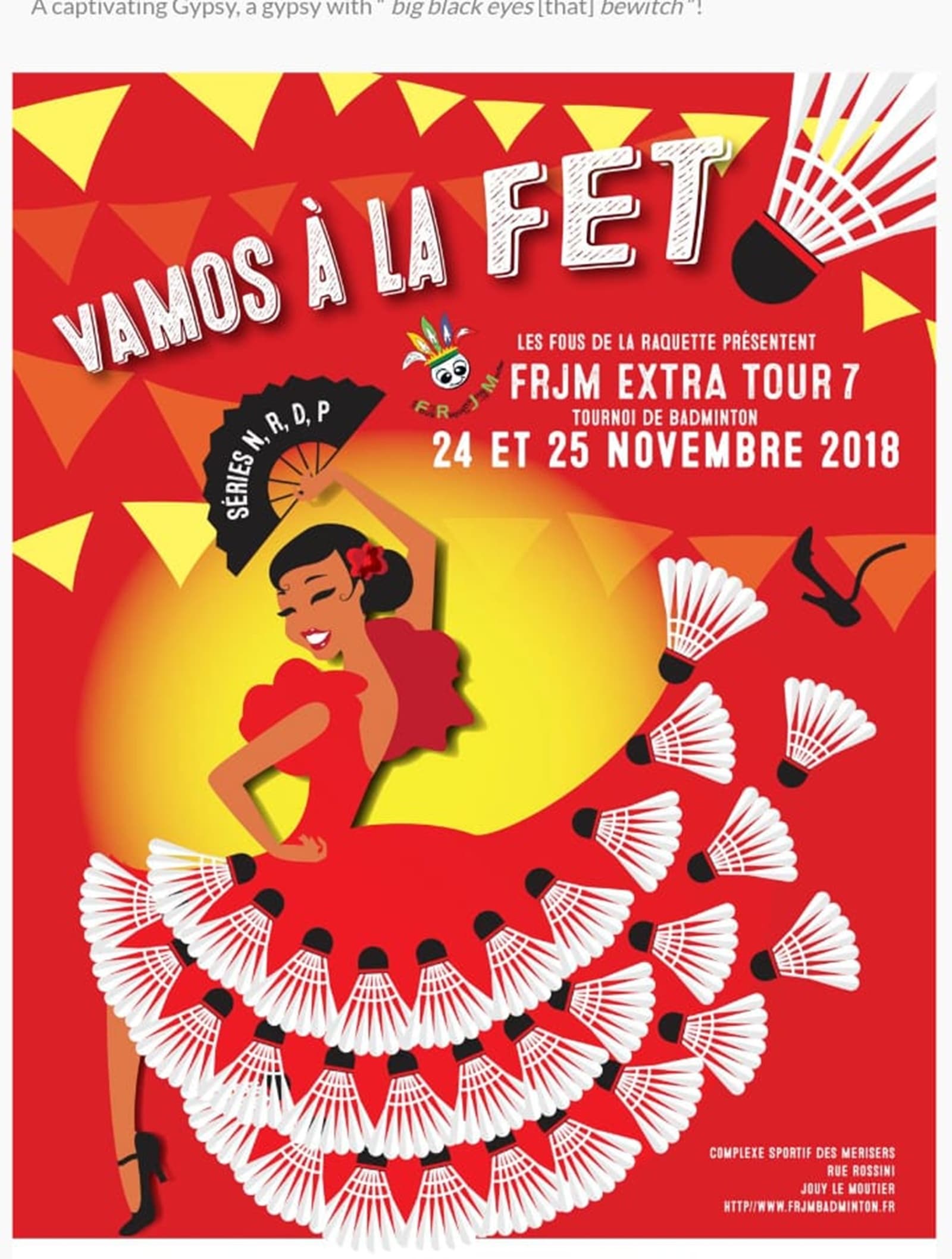 Flamenco dancer soon after Carolina Marin's third Worlds crown, designed for Jouy le Moutier club by Aline Hinh. (Picture courtesy: quandlebadsaffiche.org blog by Baillette Frédéric)
