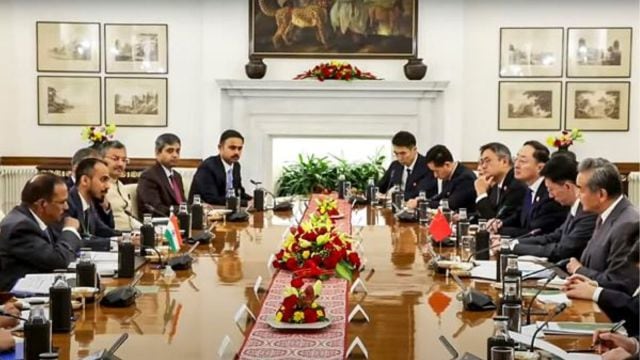 National Security Advisor Ajit Doval with Chinese Foreign Minister Wang Yi during a meeting, in New Delhi