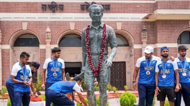 National Sports Day 2025: A statue of Major Dhyan Chand at the Major Dhyan Chand National Stadium in New Delhi. (PTI Photo)
