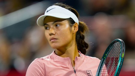 Emma Raducanu of the United Kingdom reacts during her game against Amanda Anisimova of the United States during third round tennis action at the National Bank Open in Montreal, Friday, Aug. 1, 2025. (Christinne Muschi/The Canadian Press via AP)