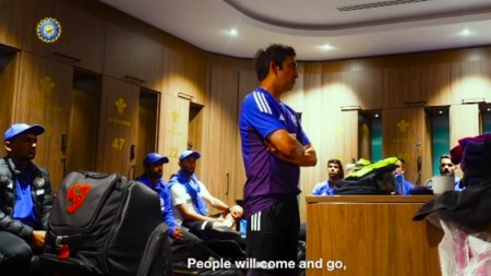 Indian cricket team coach Gautam Gambhir delivers a speech to the Indian team after their win at Oval. (Screengrab via BCCI Instagram)