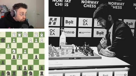 (LEFT) Popular streamer Levy Rozman (known as Gotham Chess) reacts after world champion Gukesh (RIGHT) traps his queen in a Freestyle Friday game. (PHOTOS: Screengrabs via Chess.com and Gotham Chess YouTube)