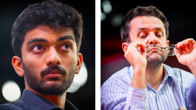 World champion Gukesh Dommaraju (left) and Levon Aronian during the first day of the St Louis Rapid and Blitz tournament. (PHOTOS: Lennart Ootes via grand Chess Tour)