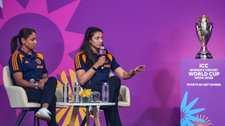 Harmanpreet Kaur and teammates Smriti Mandhana and Jemimah Rodrigues were part of the trophy unveiling ceremony for the 2025 Women's World Cup that India host. (PTI Photo)