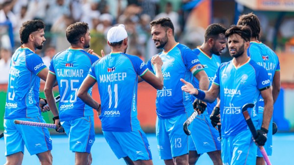Players of the Indian hockey team celebrate a goal against China in the ongoing Asia Cup. (PHOTO: Hockey India)