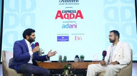 Kal Penn speaking with Anant Goenka, Executive Director of The Indian Express Group during a edition of Express Adda in Mumbai. (Express Photo)