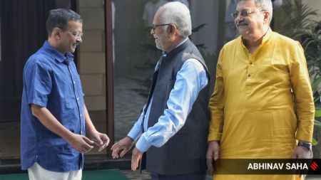 Opposition V-P candidate Justice (retired) B Sudershan Reddy, with TMC MP Kalyan Banerjee, calls on AAP chief Arvind Kejriwal at his residence in New Delhi on Thursday. (Express Photo by Abhinav Saha)
