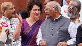 Congress MPs Mallikarjun Kharge, Priyanka Gandhi Vadra and Pramod Tiwari with other parliamentarians of the INDIA bloc parties stage a protest against the Election Commission's Special Intensive Revision (SIR) of electoral rolls in Bihar, during the Monsoon session of Parliament, in New Delhi, Friday, Aug. 1, 2025. (PTI Photo)