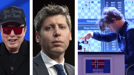 xAI's Elon Musk (left), Open AI's Sam Altman and five-time world champion Magnus Carlsen. (PHOTOS: AP, Partha Paul/Express Photo)