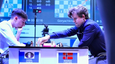 Magnus Carlsen takes on Daniil Dubov during a match at the Tata Steel Rapid and Blitz tournament in Kolkata in 2023. (Express photo by Partha Paul)