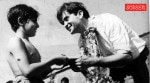 Young Ratan Kumar, hero of film Boot Polish, presents a birthday gift to actor Raj Kapoor. Express archive photo on 19.12.1952