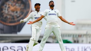 India's Mohammed Siraj and Dhruv Jurel celebrate their win against England in the fifth cricket Test match at The Oval in London. (AP Photo)