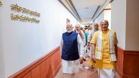 Prime Minister Narendra Modi with Maharashtra Governor and NDA's candidate CP Radhakrishnan, BJP National President and Union Minister JP Nadda, Defence Minister Rajnath Singh, Union Minister of Fisheries Rajiv Ranjan (Lalan) Singh and others, during the filing of nomination papers for vice presidential elections, in New Delhi, Wednesday, Aug. 20, 2025. (narendramodi.in via PTI Photo)