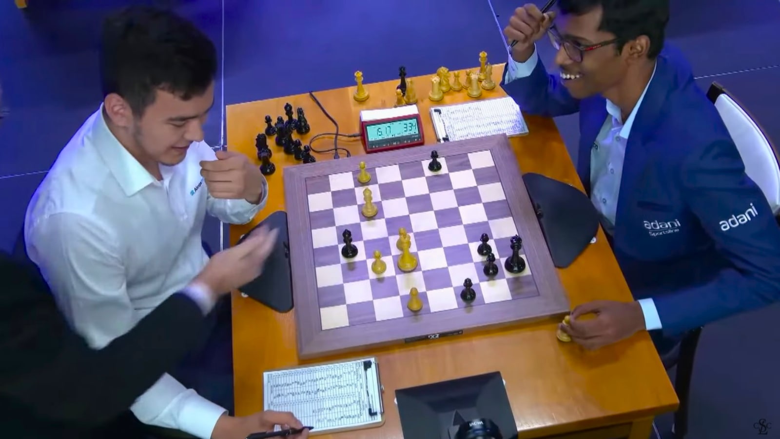 Indian grandmaster Praggnanandhaa reacts as his opponent, Uzbekistan's Nodirbek Abdusattorov, is told by the chief arbiter that he's made an error in stopping the clock to claim a draw one move before in their Sinquefield Cup clash. (Screengrab via YouTube/St Louis Chess Club)