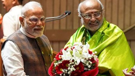 Prime Minister Narendra Modi felicitates Maharashtra Governor and NDA's vice presidential candidate C.P. Radhakrishnan during the NDA parliamentary party meeting, in New Delhi,