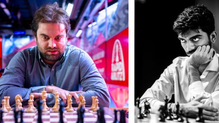 (LEFT) American grandmaster Sam Shankland; (RIGHT) World champion Gukesh Dommaraju at the St Louis Rapid and Blitz tournament. (PHOTOS: Crystal Fuller/Grand Chess Tour)
