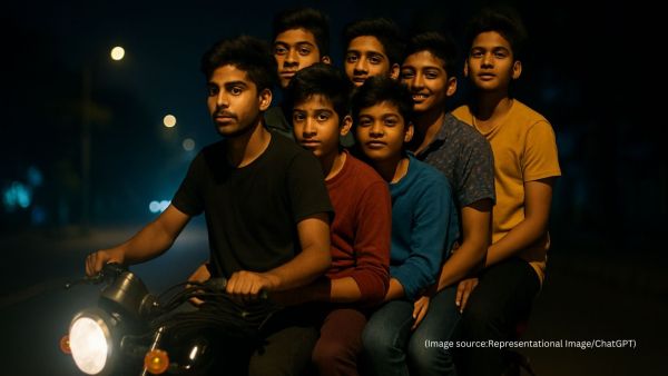 seven boys ride one scooter in Odisha