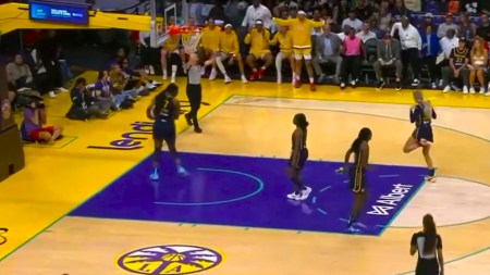 Indiana Fever guard Sophie Cunningham reacts after a sex toy is thrown on court during a WNBA basketball game. (Screengrab via X)