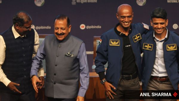 (From left) Group Captain Shubhanshu Shukla, Union Minister Jitendra Singh, Group Captain Prashant B Nair and ISRO chairman Dr V Narayanan during a press conference in New Delhi on Thursday. (Express photo by Anil Sharma)