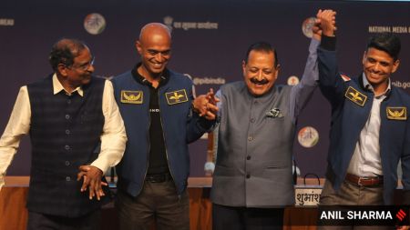 (From left) Group Captain Shubhanshu Shukla, Union Minister Jitendra Singh, Group Captain Prashant B Nair and ISRO chairman Dr V Narayanan during a press conference in New Delhi on Thursday. (Express photo by Anil Sharma)