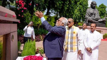 INDIA bloc’s vice presidential candidate B Sudershan Reddy pays floral tribute to the statue of social reformer Jyotiba Phule, before filing his nomination, during a visit to the Parliament House complex