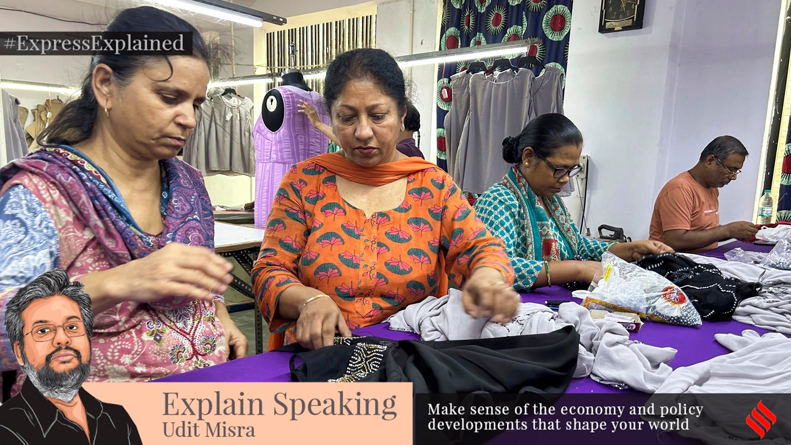 Employee working on a dress at a garment factory in New Delhi on Thursday, Aug. 7, 2025.