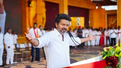 Tamilaga Vettri Kazhagam (TVK) President Vijay addresses the party's second State-level conference, in Madurai, Thursday, August 21, 2025. (PTI Photo)