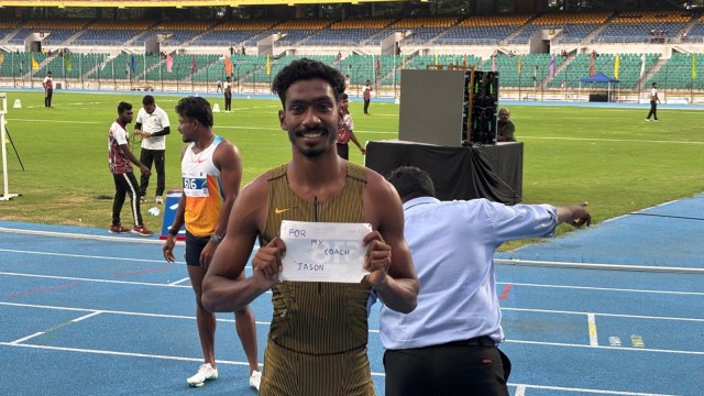 As the giant screen flashed ‘Vishal TK 45.12s’, the 23-year-old from Tamil Nadu let out a roar before taking a note out of his pocket that read, ‘For my coach Jason’ (Jamaican Jason Dawson) in direction of the cameras. (Express Photo By Venkata Krishna B)