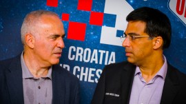Former world champions Garry Kasparov and Viswanathan Anand during a Grand Chess Tour event in Zagreb in 2021. (PHOTO: Grand Chess Tour via Lennart Ootes)