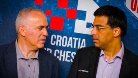 Former world champions Garry Kasparov and Viswanathan Anand during a Grand Chess Tour event in Zagreb in 2021. (PHOTO: Grand Chess Tour via Lennart Ootes)