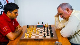 Viswanathan Anand takes on Garry Kasparov at the Saint Louis Chess Club. (PHOTO: Grand Chess Tour via lennart Ootes)