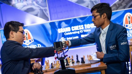 Praggnanandhaa battles Wesley So in the Sinquefield Cup tiebreaks. (PHOTO: Lennart Ootes via Grand Chess Tour)