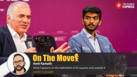 Chess legend Garry Kasparov and reigning world champion Gukesh Dommaraju share the stage during the opening ceremony of the SuperUnited Rapid and Blitz Croatia tournament. (PHOTO: Lennart Ootes via Grand Chess Tour)