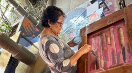 The distressed wood stood in Dharap's studio almost a year-and-a-half while she figured out what she wanted to do
