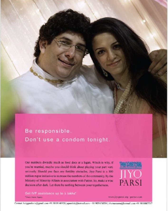 A humourous ad encouraging Parsi couples to have more children, published under the Jiyo Parsi scheme (Parsi Khabar)