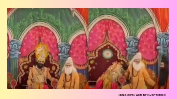 Suddenly, in the middle of his dialogue, Mahajan leaned towards his left, resting his head on the co-actor’s shoulder (Image source: Write News 24/YouTube)