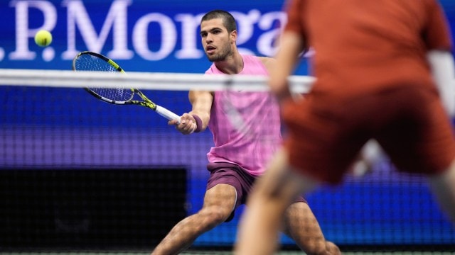 Alcaraz made 98 of 101 service games in the tournament and faced just one break point against Sinner in the US Open final. (AP)