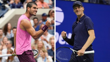 Carlos Alcaraz and Jannik Sinner became the first pair in Open Era history to reach three successive Grand Slam finals in a calendar year. (AP)