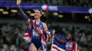 Britain's Amy Hunt, silver medalist at the Tokyo World Athletics Championship, waves to the crowd after the women's 200 meters final. (Photo: AP)