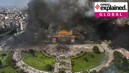 An aerial view of smoke rising from the Federal Parliament of Nepal, in Kathmandu, after it was set on fire during anti-government protests on Tuesday.