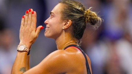 Aryna Sabalenka reacts after defeating Jessica Pegula during the women's singles semifinals at the US Open tennis championships in New York. (AP Photo)
