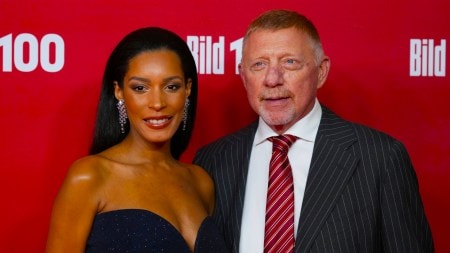 Boris Becker and his wife Lilian de Carvalho Monteiro attend the "Bild100" event in Berlin, Germany, Thursday, Sept. 18, 2025. (dpa via AP)