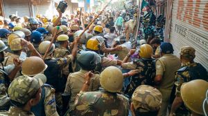 Security personnel lathi-charge protesters during a demonstration over the issue of 'I Love Mohammad' posters, in Bareilly, Uttar Pradesh, Friday, Sept. 26, 2025. (PTI Photo)