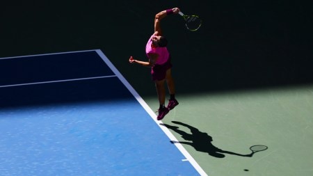 Carlos Alcaraz, of Spain, serves to Jiri Lehecka, of the Czech Republic, during the quarterfinal round of the US Open tennis championships, Tuesday, Sept. 2, 2025, in New York. (AP Photo)