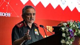 Chief of Defence Staff General Anil Chauhan addresses at the inauguration of the Tri-Services Academia Technology Symposium (T-SATS) exhibition at the Manekshaw Centre, in New Delhi. (photo/Jitender Gupta)