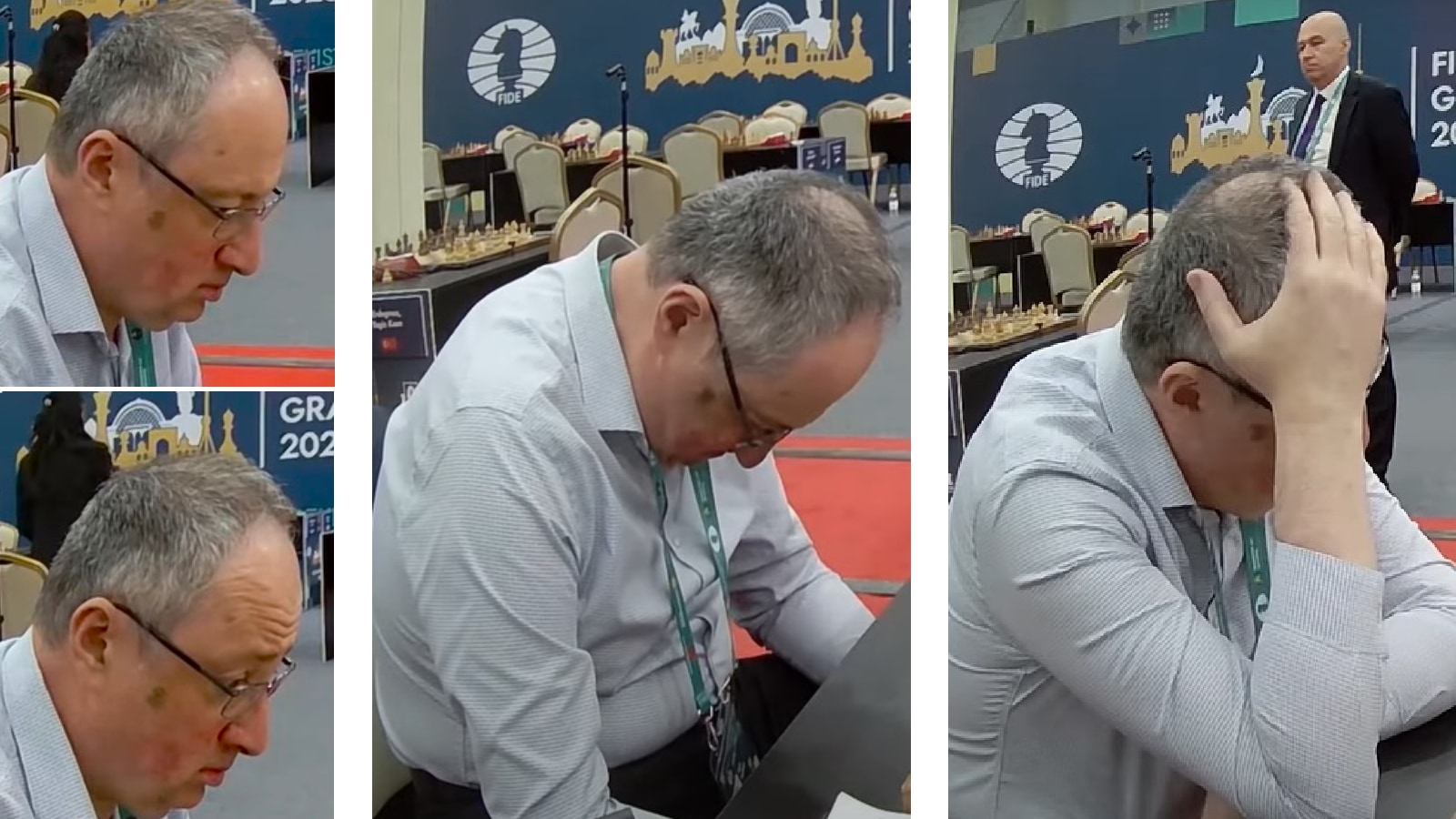 Chess legend Boris Gelfand reacts after noticing his blunder against Praggnanandhaa in the round 3 clash at the FIDE Grand Swiss tournament. (PHOTOS: FIDE YouTube)